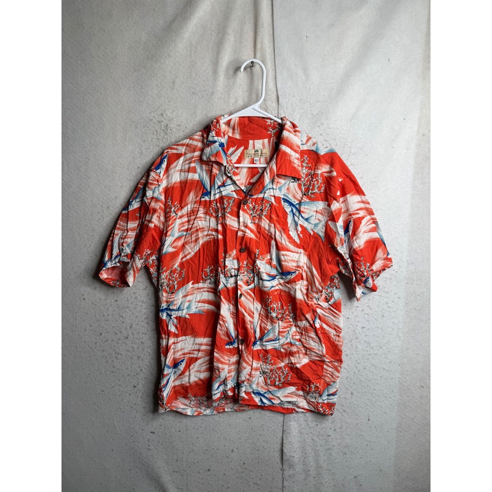 Pineapple Juice Hawaiian Shirt Mens Large Red Flying Fish Coral Rayon Hawaii USA